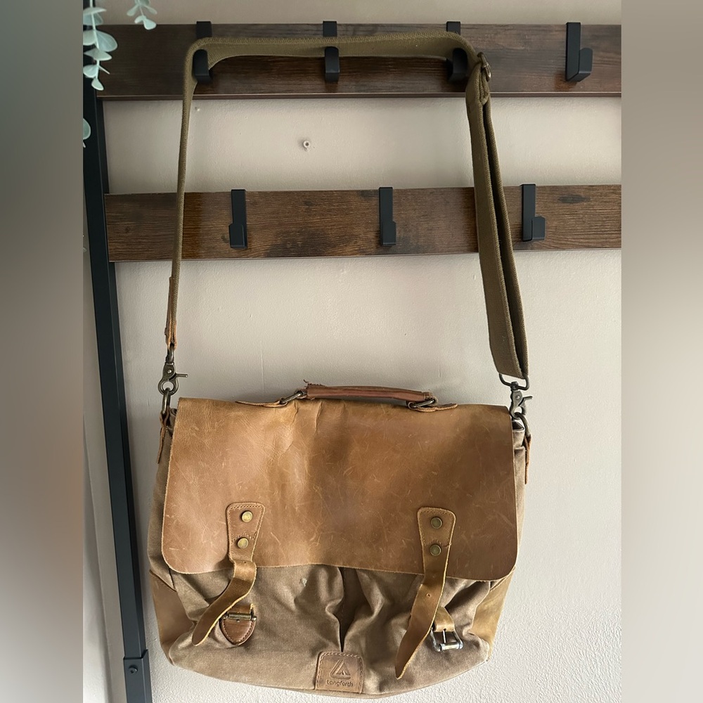 Canvas and Leather Messenger Bag - Khaki Brown